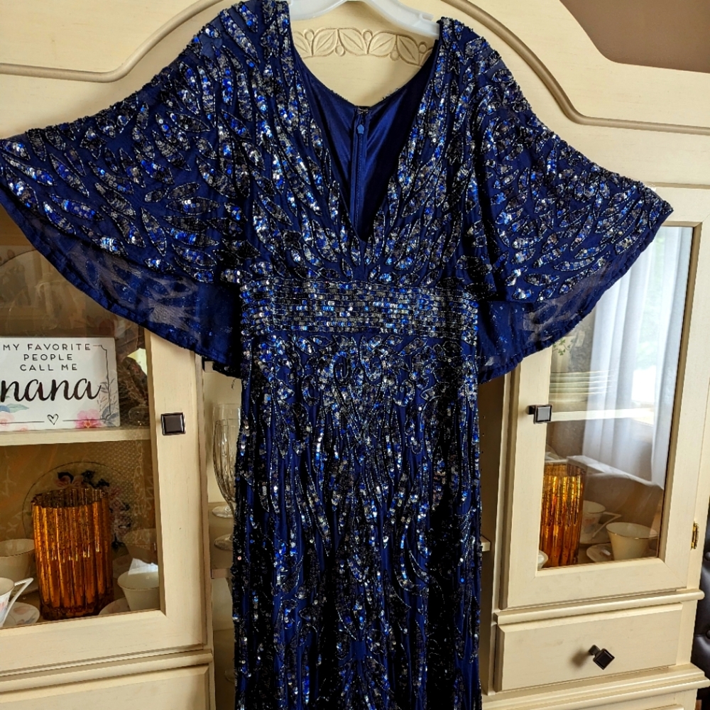 MacDuggal Sequined Cape Sleeve Column Gown, Midnight, 16W, paid $598.